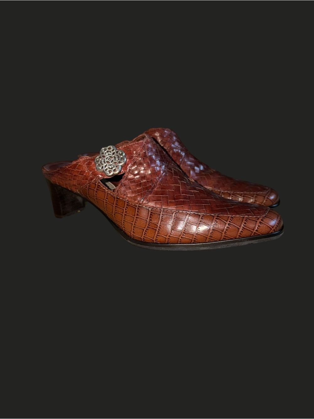 Brighton Vintage Twain Brown Woven Leather Heeled Mules Western Medallion Size 8